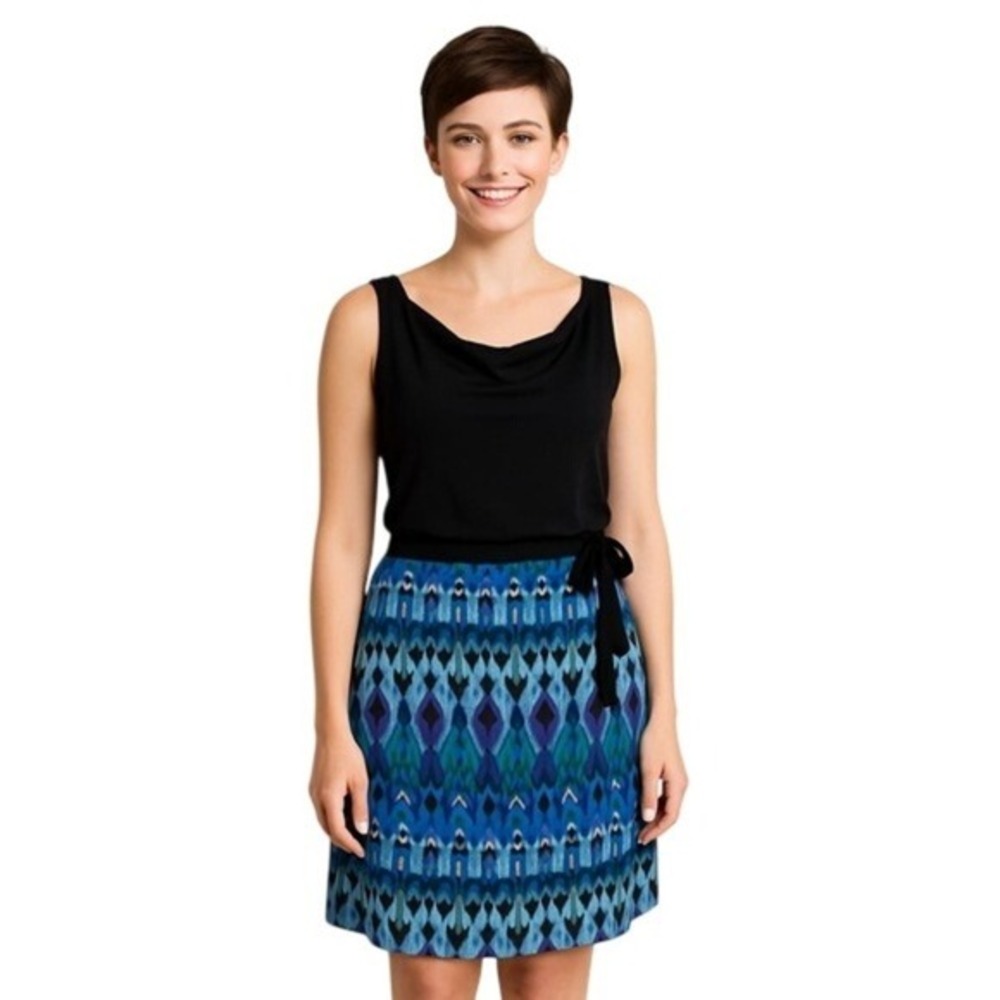 NorthStyle Women Black Blue Geometric Cowl Neck Side Tie Sleeveless Dress Size 6